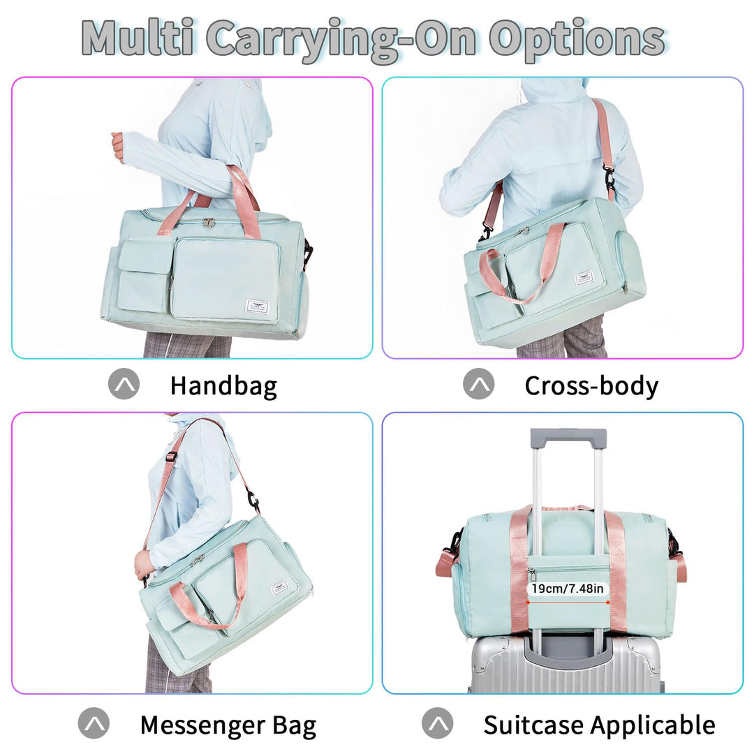 FIORETTO Women's Water-Resistant Gym Duffle Bag with Shoes Compartment, 37L Capacity, Multi-Functional, Ideal for Travel, Gym, Sports, Weekender, with Toiletry Bag, Green & Pink