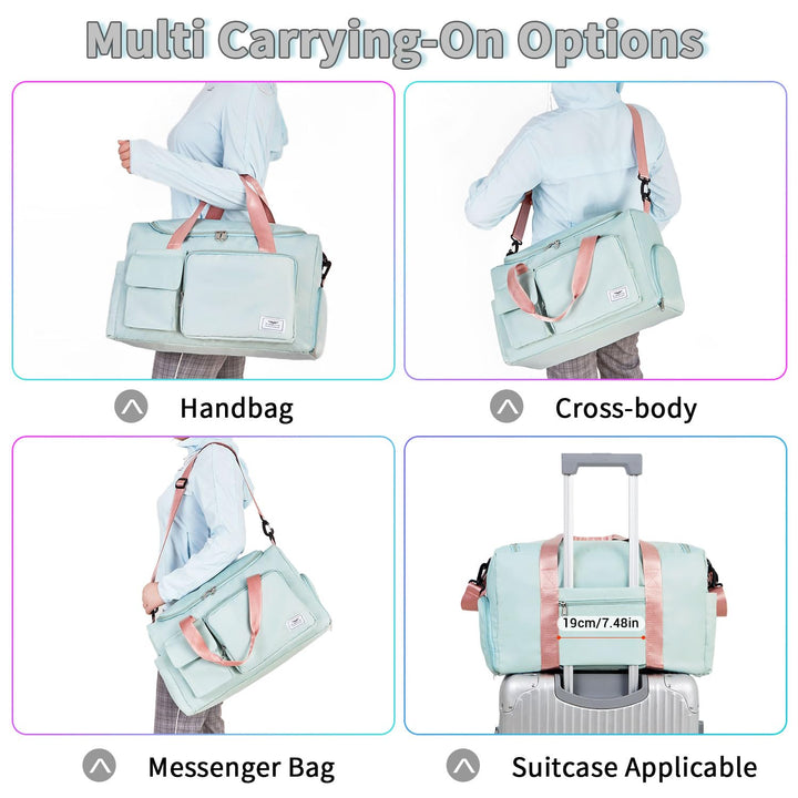 FIORETTO Women's Water-Resistant Gym Duffle Bag with Shoes Compartment, 37L Capacity, Multi-Functional, Ideal for Travel, Gym, Sports, Weekender, with Toiletry Bag, Green & Pink