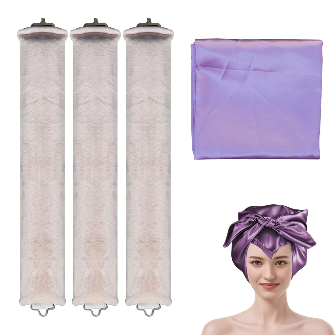 Overnight Blowout Rods,Jumbo Heatless Curling Roller for Long Hair to Sleep in, 3 Pcs Soft Velvet Satin Curlers with Scarf for Volume and Blowout Look