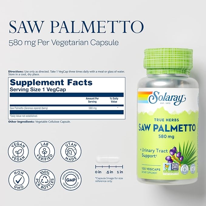 SOLARAY Saw Palmetto Berry 580 mg, Healthy Prostate and Urinary Tract Support from Fatty Acids & Plant Sterols for Men and Women, Non-GMO, Vegan & Lab Verified, 100 VegCaps, 100 Servings