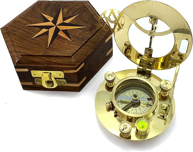 AV Nautical Sundial Brass Compass with Wooden Box - Gifts for Father/Brother/Sailor/Marine