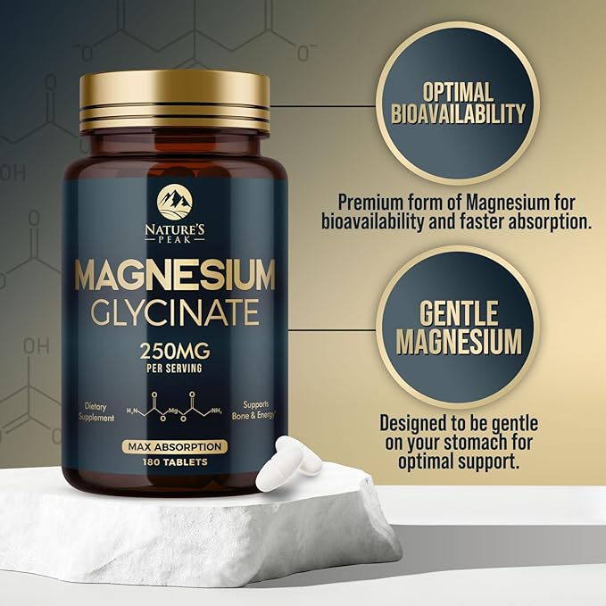 Magnesium Glycinate Chelated for Max Absorption - Supports Bone, Muscle, Nerves & Heart Health, Nature's Sleep and Stress Support, Best Magnesium Supplement Pills for Whole Body Support - 180 Tablets