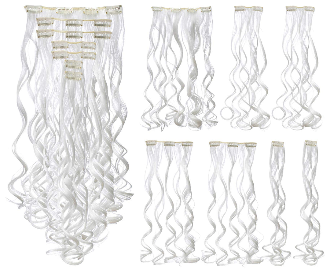 Swacc 7 Pcs Full Head Party Highlights Clip On In Hair Extensions Colored Hair Streak Synthetic Hairpieces (20-Inch Curly, White