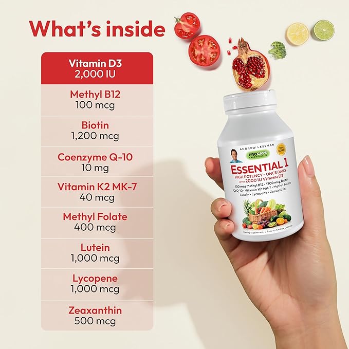 ANDREW LESSMAN Essential-1 Multivitamin 2000 IU Vitamin D3 180 Small Capsules - 100 mcg Methyl B12. CoQ10 Lutein Lycopene Zeaxanthin. High Potency. No Additives. Ultra-Mild. One Daily Capsule