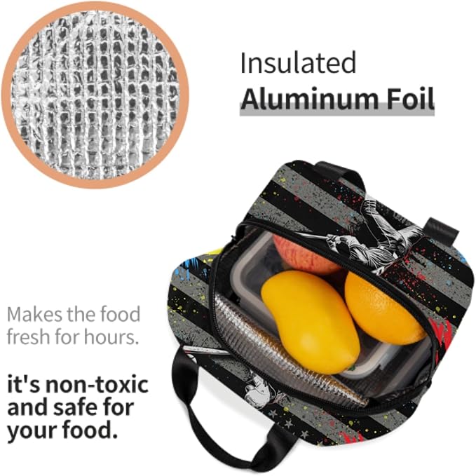 Baseball Player Lunch Bag for Sports Boys American Flag Reusable Insulated Lunch Tote Lunch Box Black Cooler Thermal Lunch Tote Bag for School Work Picnic