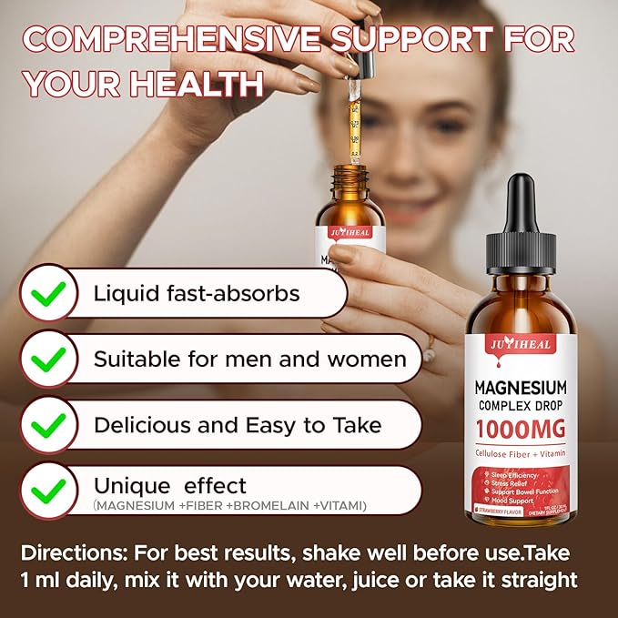 2 Pack Magnesium Glycinate Liquid, 1000mg Magnesium Complex Supplement with Cellulose Fiber, Bromelain, Vitamin B6, C, D, Zinc to Support Night, Muscle, Relax, Bone, Mood, Muscle