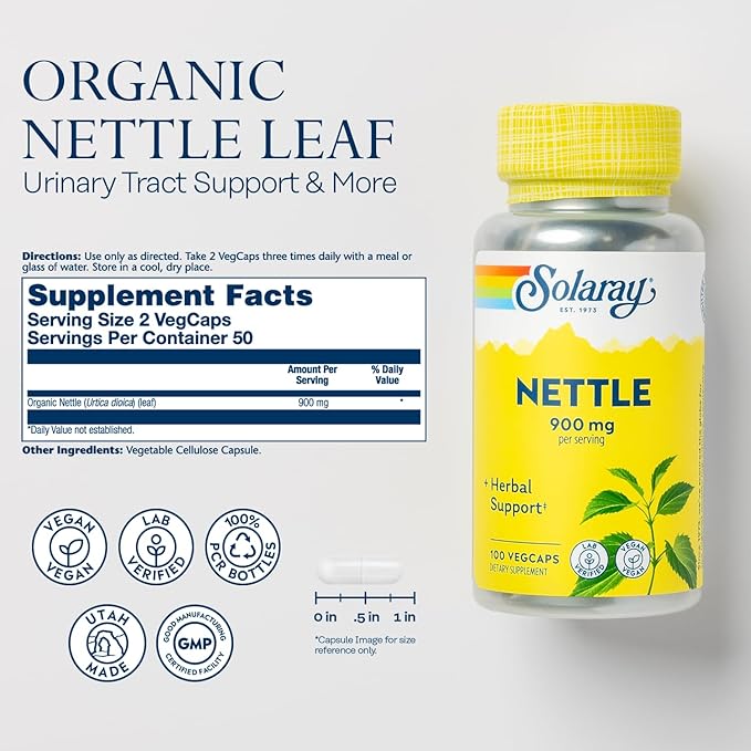 SOLARAY Nettle 900 mg - Organic Nettle Leaf Supplement - Kidney, Urinary, and Prostate Support - Traditional Use for Allergy Response and Respiratory Wellness - Vegan - 50 Servings, 100 VegCaps