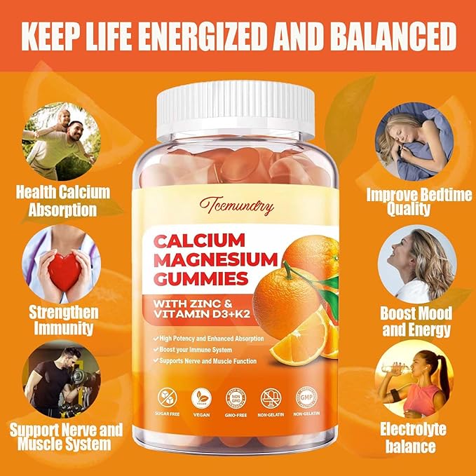 Calcium Magnesium Zinc Gummies with Vitamin D3 & K2 - High Absorption Magnesium Glycinate 400mg - Sugar Free Calcium Supplement - Support Nerve Muscle Mood & Immunity - for Adults Men Women Kids