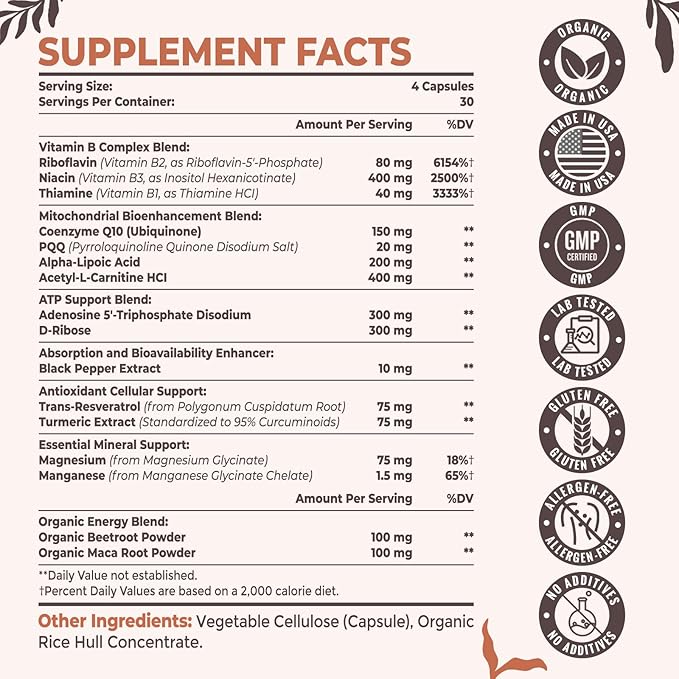 2326 MG Mitochondrial Supplements with ATP, Vitamins, CoQ10 & PQQ, More Effective Than Creatine HMB & Nitric Oxide, Energy, Endurance, Strength, Recovery & Muscle, Organic, 360 Capsules