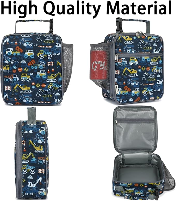 Lunch Box for Kids Boys Girls Men Women, Insulated Small Soft Cooler Lunch Bag Kit for School Work Picnic Travel - Reusable Portable lunchbox, Construction Truck