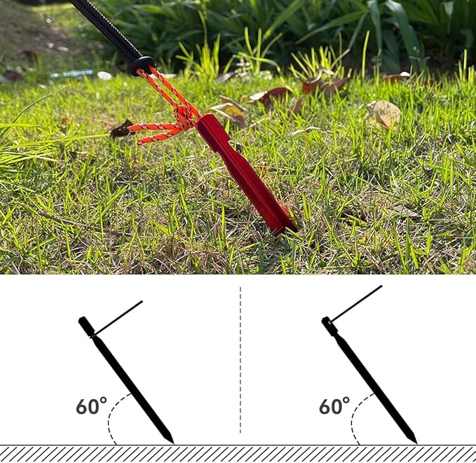 12 Pack Tent Stakes, 7-inch Ultralight Aluminum Ground Pegs with Reflective Pull Ropes, Tri-Beam Stakes in a Carrying Bag, for Camping, Backpacking, Hiking Tent, Hammocks and Canopy, Red