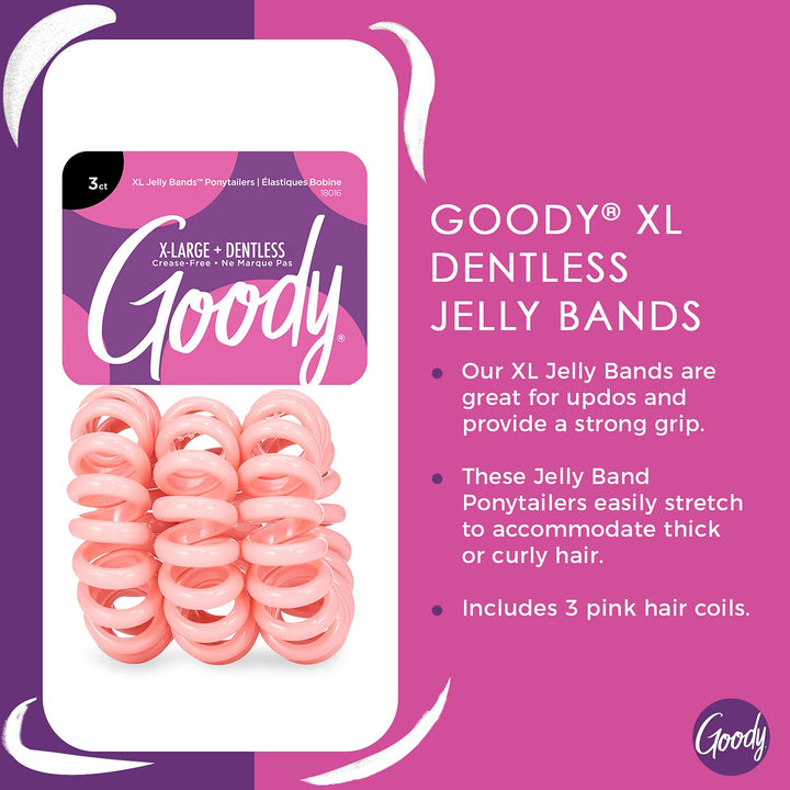 Goody Dentless Jelly Bands - Elastic Hair Coils for Long Lasting Braids, Ponytails, and More - 3 Count, Pink - Medium to Thick Hair - Hair Accessories for Women and Girls