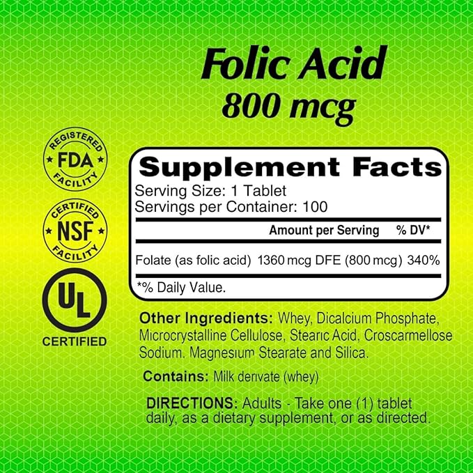 ALFA VITAMINS Folic Acid 800 mcg Prenatal Supplement, Supports Cardiovascular Health, Body & Brain Functions, Red Blood Cell Formation & Healthy Fetal Development, Dietary Supplement, 100 Tablets