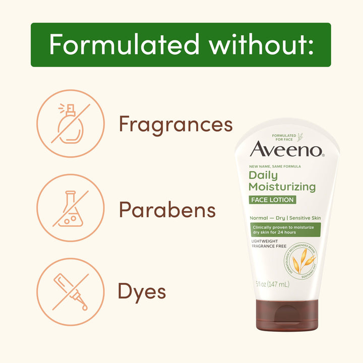 Aveeno Daily Moisturizing Face Lotion with Soothing Prebiotic Oat, Gentle Lotion Nourishes Normal to Dry Skin With Moisture, Facial Lotion for Sensitive Skin, Fragrance-Free, 5 oz