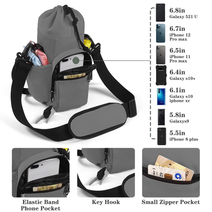 FCQQYWZ 25/32/40 oz Water Bottle Carrier Bag Sling Case, Sports Insulated Crossbody Water Bottle Holder with Adjustable Shoulder Strap and 4 Pockets for Men Women Hiking Camping Travelling (GRAY)