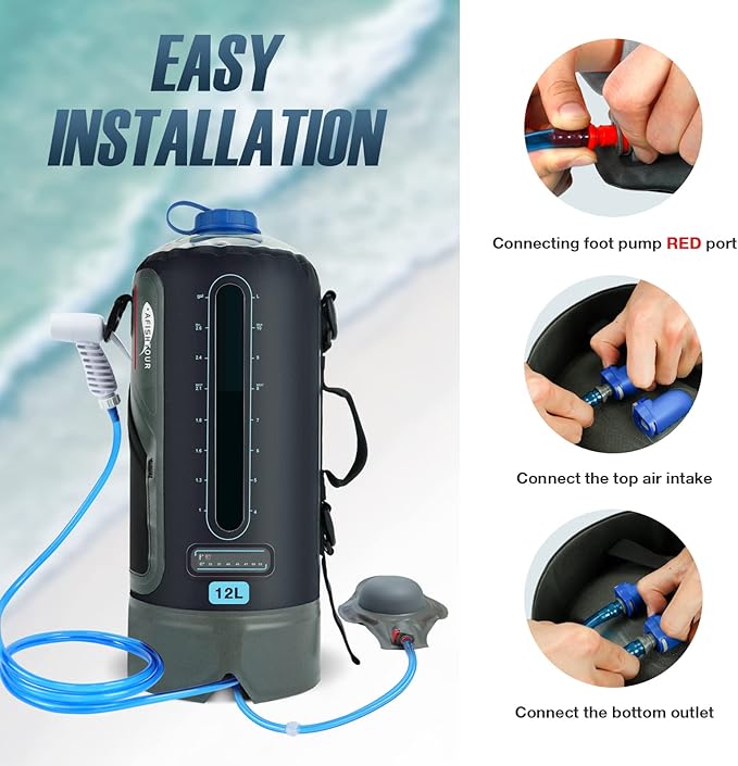 Portable Camping Shower Bag - 10L/2.2 Gallons and 12L/3.17 Gallons Solar Shower Water Bag with Foot Pump, Hose and Shower Head - Camp Shower for