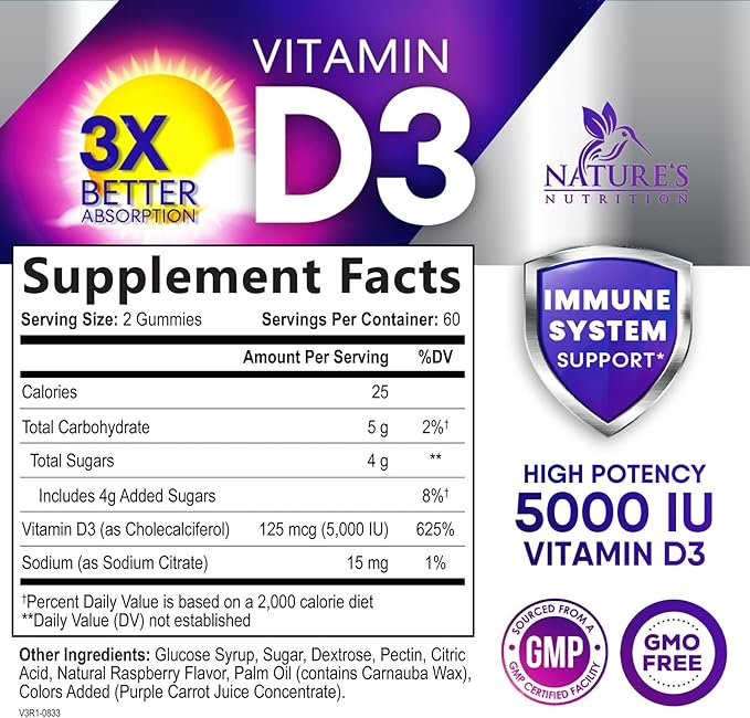 Vitamin D3 Supplement Gummy 5000 IU (125 mcg) Dietary Vitamins D for Men & Women - Bone, Teeth, Muscle & Immune Health Support, High Potency VIT D3 Nature's Non-GMO & Gluten Free - 120 Gummies