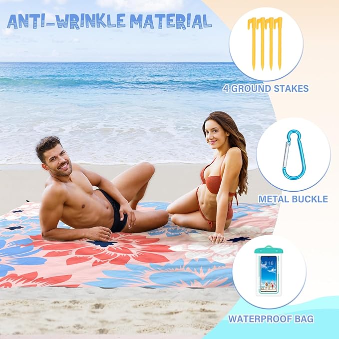 Beach Blanket Waterproof Sandproof 1-7 Adult Oversized 78 '' × 110 '' Lightweight Durable Compact Sand Free Beach Mat for Travel Camping Hiking Picnic Blanket Extra Large