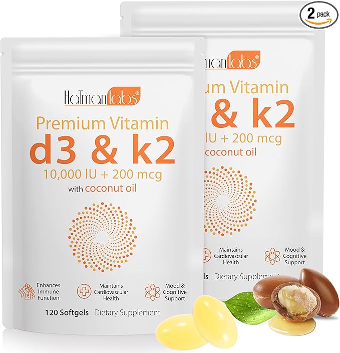 2 Bag Vitamin D3 K2 Supplement Softgel, Vitamin D3 K2 Softgel with 10000 IU Supports Immune, Heart, Teeth & Bone Health, Free of GMO, Gluten, Soy