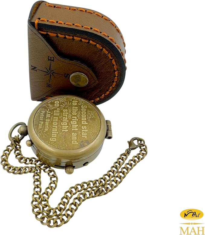 Second Star to The Right J. M. Barrie, Peter Pan Engraved Handmade Brass Compass for Birthday, Graduation Day, Confirmation Gift, Valentine Gift Parting Gift and Campion, Hiking Compass with Case