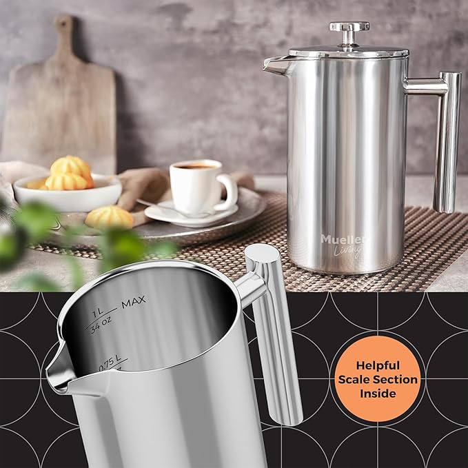 MuellerLiving French Press Coffee Maker 34oz, Stainless Steel French Press Coffee, 4 Filter Heat Resistant Double Insulated, Rust-Free, Food Grade, Dishwasher Safe Coffee Pot