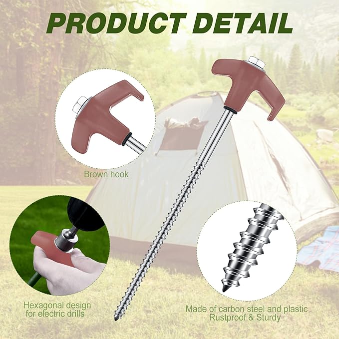 Hicarer 20 Pcs 8'' Screw in Tent Stakes Heavy Duty Ground Anchors Screw in Tent Pegs Ground Stakes Tent Spikes Metal Tent Spikes with Hex Head Driver for Camping Garden Canopies (Brown)