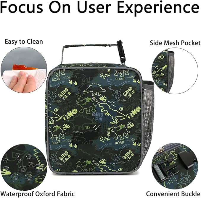 Lunch Box for Kids Boys Girls Men Women, Insulated Small Soft Cooler Lunch Bag Kit for School Work Picnic Travel - Reusable Portable lunchbox, Dinosaur Fossil Roar