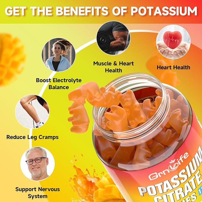 Potassium Citrate Gummies, High Potassium Supplement Gummies 1200mg Support Leg Cramps & Muscle Health, Potassium Gummies for Adults & Kids, Vegan, Mango Flavor 60 Count