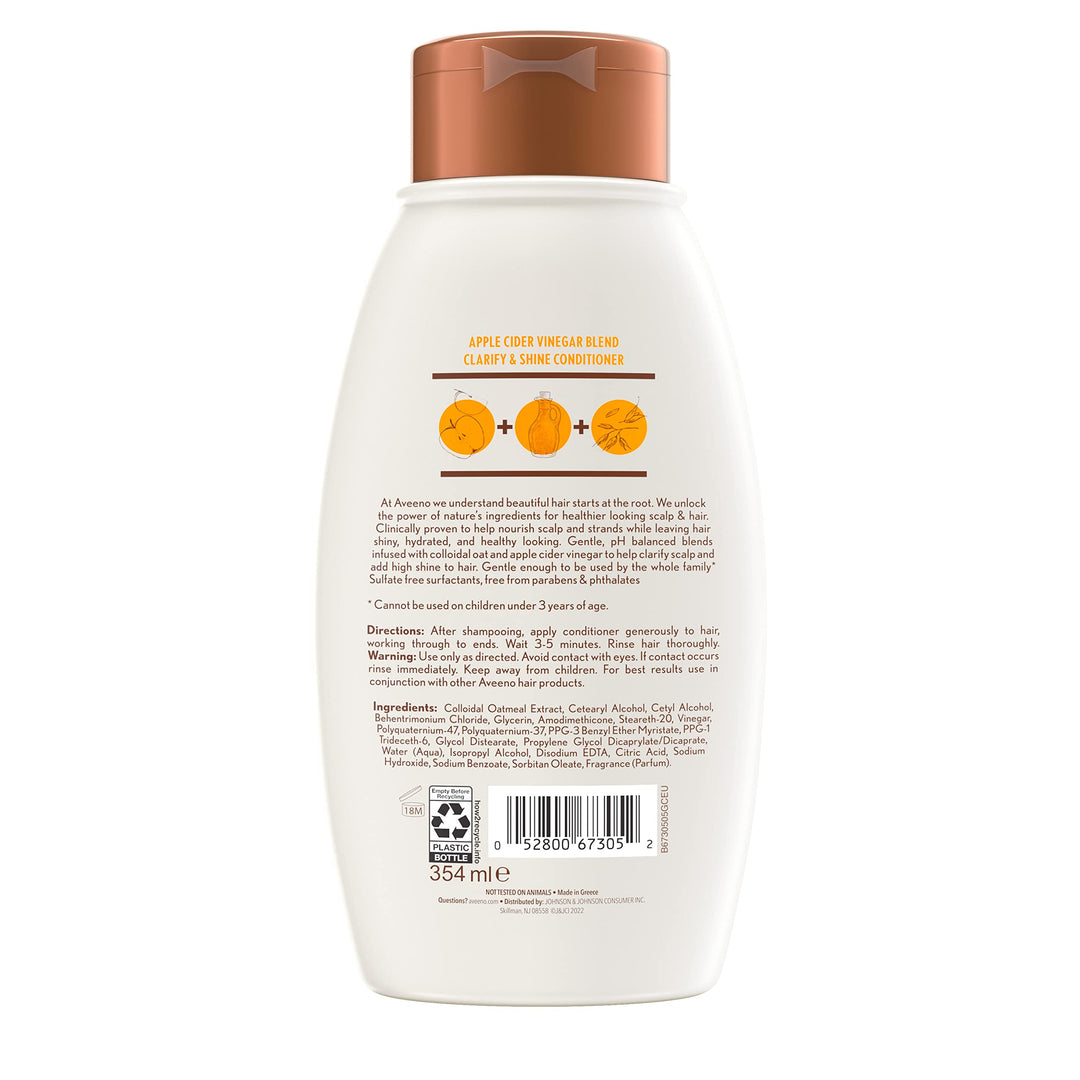 Aveeno Apple Cider Vinegar Sulfate-Free Conditioner for Balance & High Shine, Daily Moisturizing & Scalp Soothing Conditioner for Oily or Dull Hair, Paraben & Dye-Free, 12oz