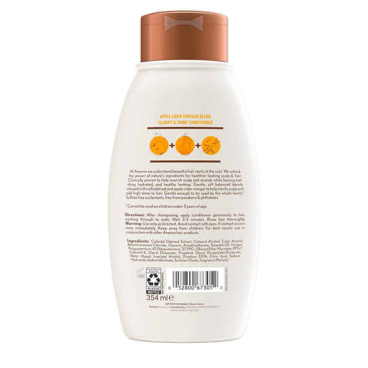 Aveeno Apple Cider Vinegar Sulfate-Free Conditioner for Balance & High Shine, Daily Moisturizing & Scalp Soothing Conditioner for Oily or Dull Hair, Paraben & Dye-Free, 12oz