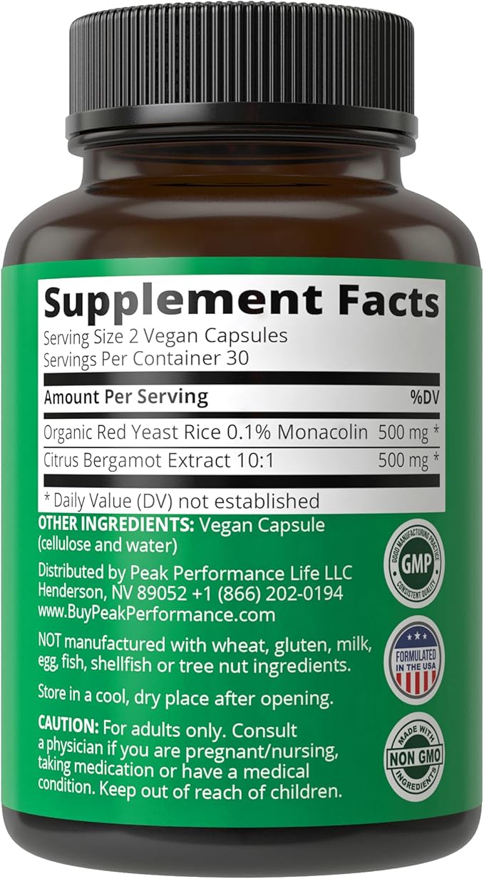 Citrus Bergamot + Red Yeast Rice. 2-in-1 Supplement. High Strength 10:1 Bergamot Extract. No Gluten, Zero Sugar, Vegan Capsules