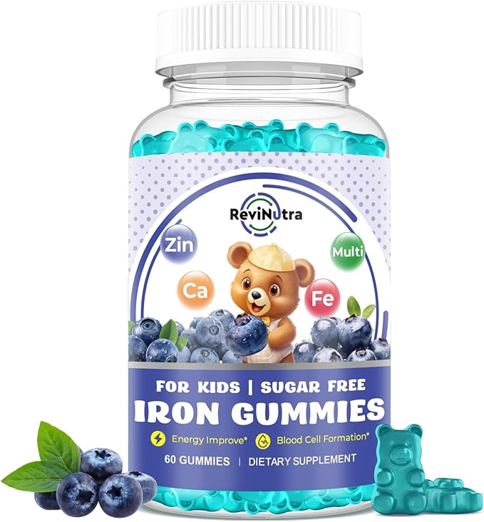 with Calcium, Zinc, Kids Multivitamin with Iron Gummies - Immune Support, Blood Builder & Energy Support for Iron Deficiency, Anemia, Vegan - 60 Gummies Blueberry Flavor