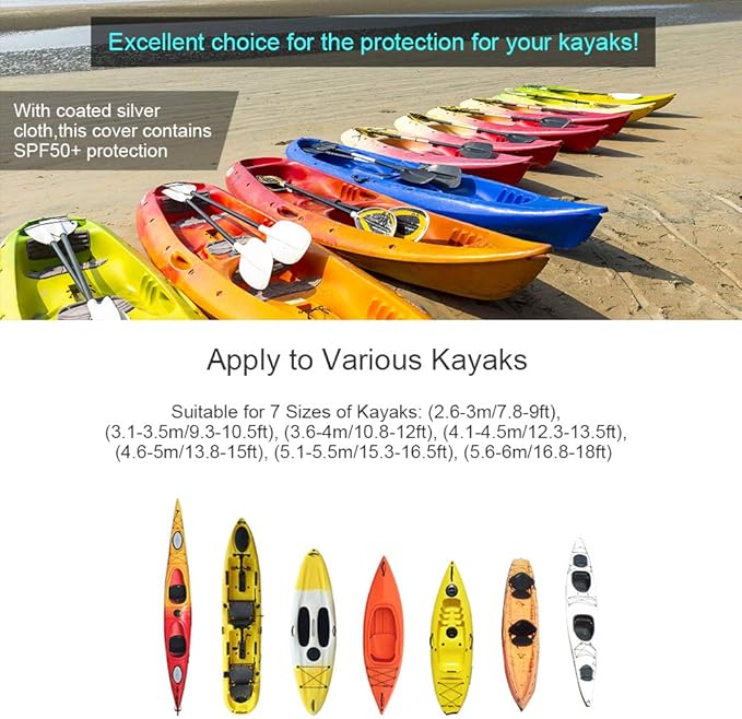 7.8-18ft Waterproof Kayak Canoe Cover-Storage Dust Cover UV Protection Sunblock Shield for Fishing Boat/Kayak/Canoe 7 Sizes [Choose Color] (Gray(Upgraded), Suitable for 12.3-13.5ft Kayak)