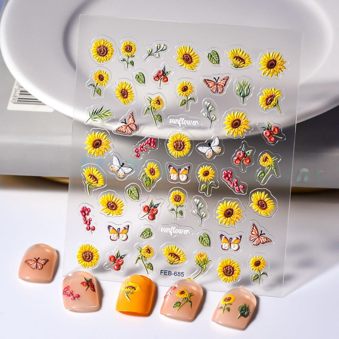 Sunflower Nail Art Stickers 5D Embossed Butterfly Nail Stickers Self-Adhesive Plant Sunflower Nail Decals for Women Girls Summer Fall Manicure DIY Nail Supplies