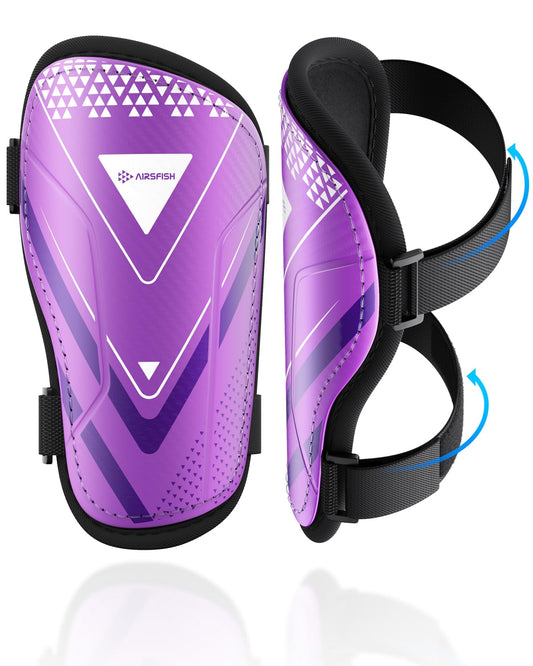 Shin Guards Soccer Kids Youth, CE Certified Airsfish Shin Guard Protection Gear for 2-18 Years Old Boys Girls Teenagers High Impact Resistant Breathable Comfortable 1 Pair 4 Sizes (XX-Small, Purple)