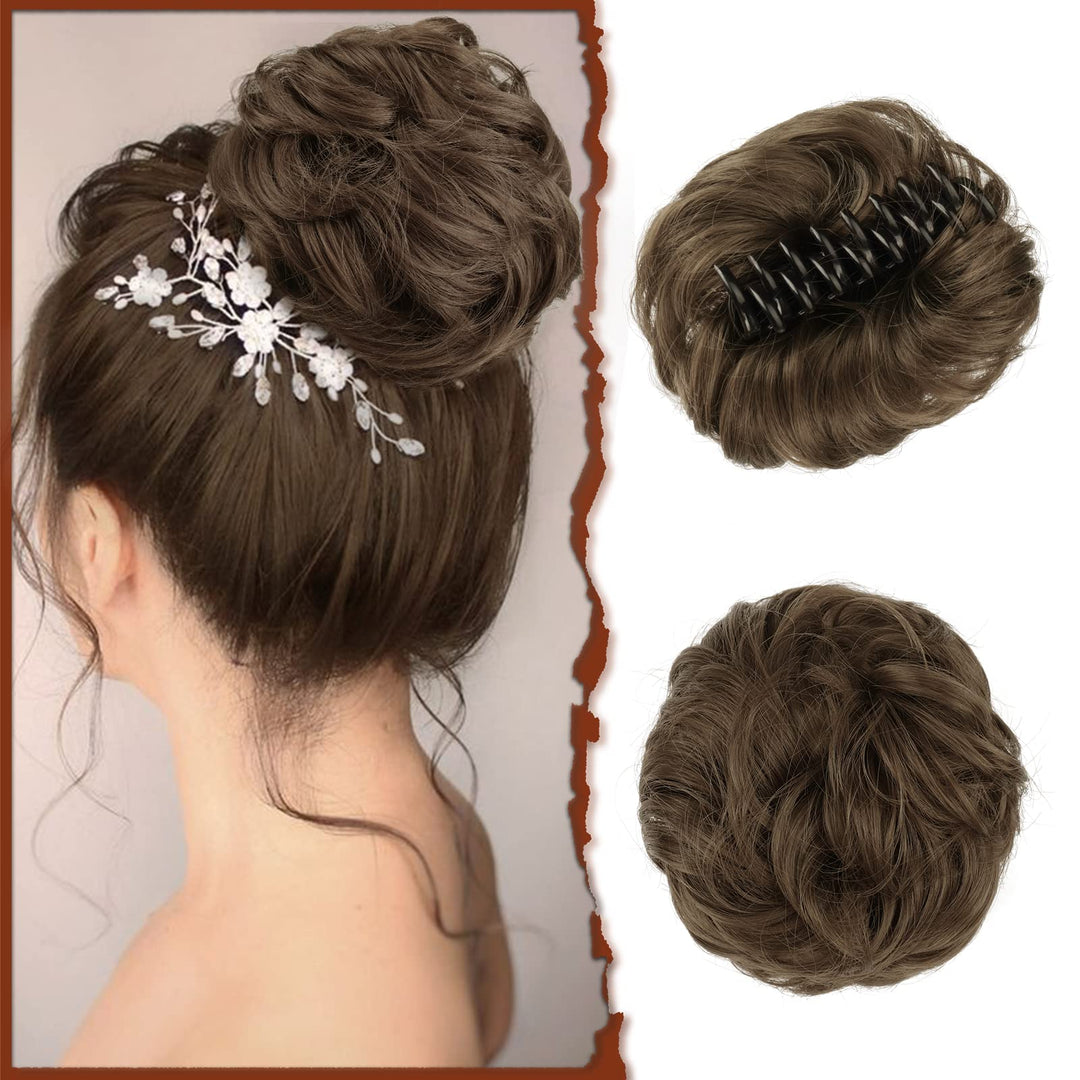 SOFEIYAN Claw Clip Messy Bun Hair Piece Wavy Curly Hair Bun Clip in Claw Chignon Ponytail Hairpieces Synthetic Tousled Updo Hair Extensions Scrunchie Hairpiece for Women, Golden Brown