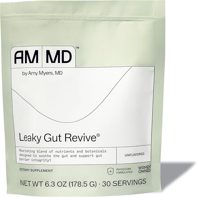 Amy Myers MD Leaky Gut Revive Powder for Leaky Gut Repair -L Glutamine, Slippery Elm -Supports Constipation, Diarrhea, Bloating, Heartburn, SIBO -Licorice & Marshmallow Root - Unflavoured-6.30 Oz