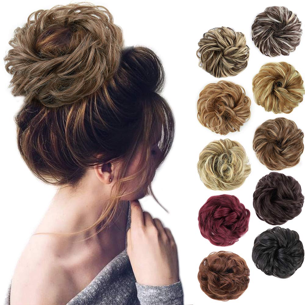 Morica 1Pcs Messy Hair Bun Hair Scrunchies Extension Curly Wavy Messy Synthetic Chignon For Women (12/24#(Light Golden Brown & P