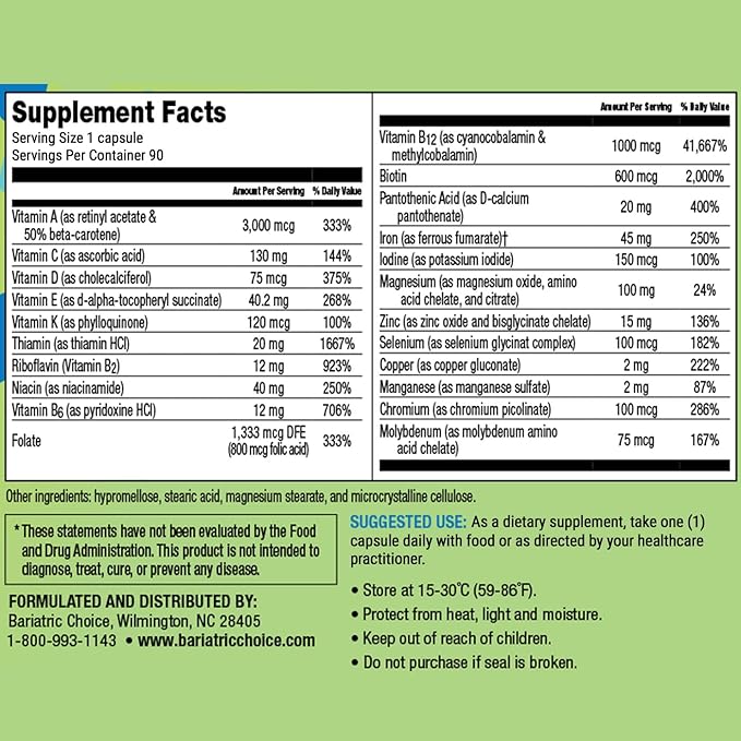 Bariatric Choice Once-Daily Bariatric Multivitamin with 45 mg of Iron | Easy to Swallow Capsule | Vitamin for Bariatric Surgery Patients | 90 Count (3-Month Supply)