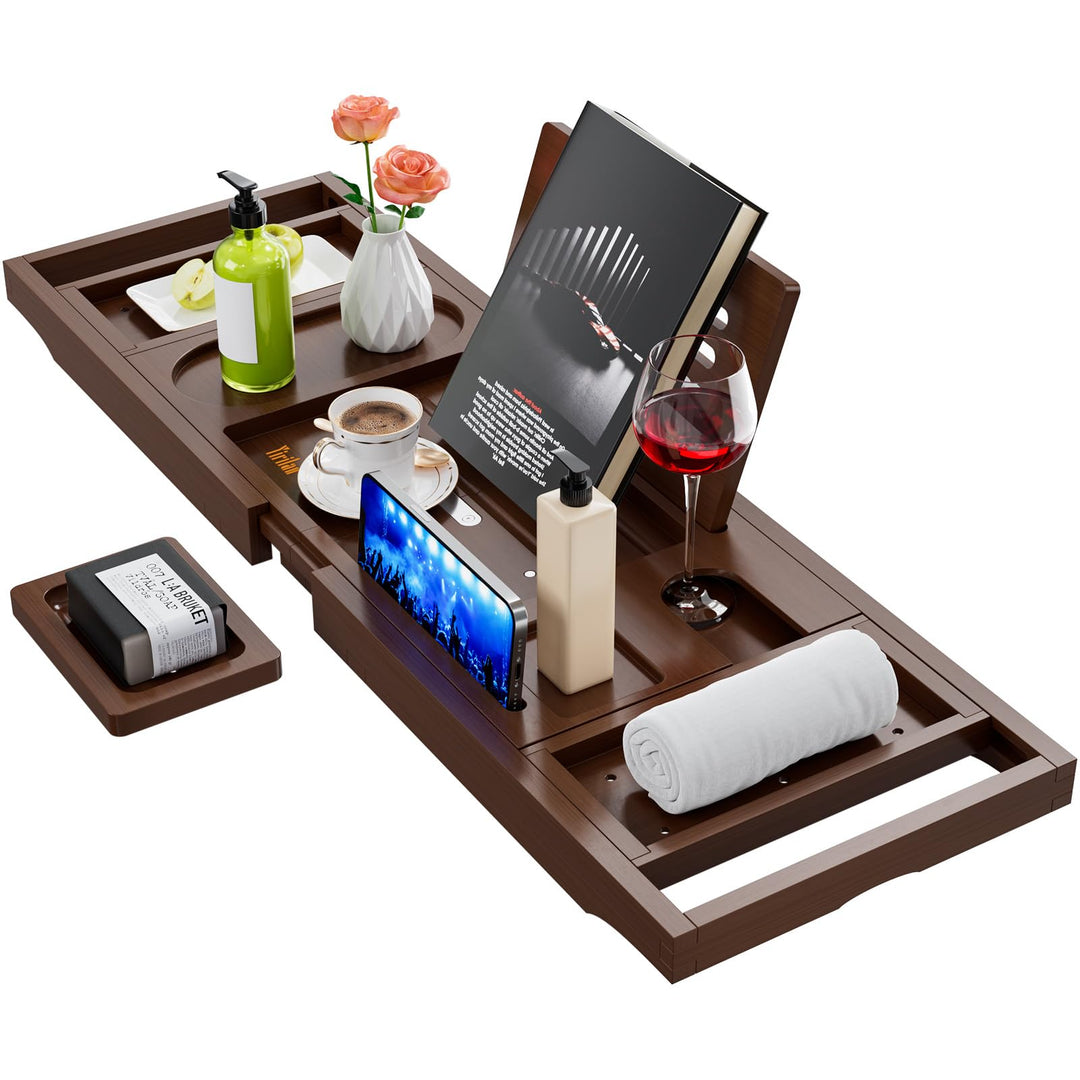 Yirilan Foldable Bamboo Bathtub Tray Caddy, Bathtub Tray, Can Place Wine Glasses, Books, Mobile Phones Multifunctional Bath Tub Tray, Suitable for Gifts in Various Festivals, Brown