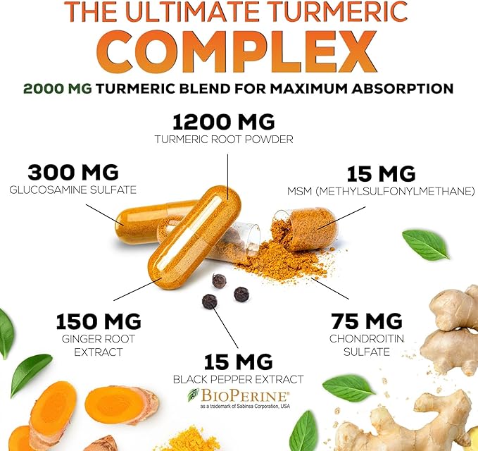 Turmeric Curcumin Supplement 2000mg with Glucosamine Chondroitin & Ginger, 95% Curcuminoids, BioPerine Black Pepper for Best Absorption, Nature's Joint Support, Non-GMO, Bottled in USA - 180 Capsules