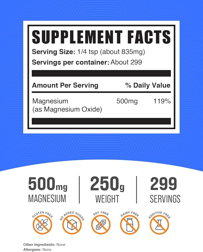 BulkSupplements.com Magnesium Oxide Powder - Magnesium Oxide Supplement, Magnesium Oxide 500mg - Gluten Free, 835mg (500mg of Magnesium) per Serving, 250g (8.8 oz) (Pack of 1)