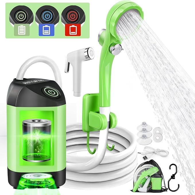 AUTOPkio Portable Camping Shower - Outdoor Camp Shower with Showerhead Sprayer & Rechargeable Battery Pump for Camping, Travel, Hiking, Car Washing, Pet Bath