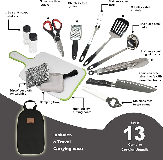 Camp Kitchen Utensil Organizer Travel Set Portable BBQ Camping Cookware Stainless Steel Utensils Travel Kit Outdoor Equipment Cutting Board Tongs Scissors Knife Ladle Spatula
