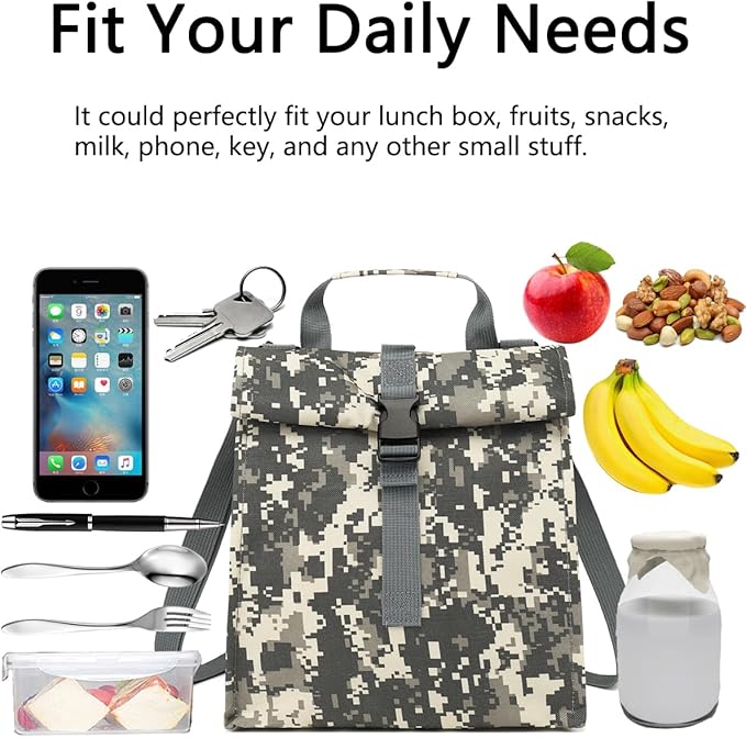 Insulated Lunch Bag for Men/Women/Kids, Roll top Reusable Lunch Box with Adjustable Shoulder Strap, Thermal Lunch Cooler Tote Container for Adults/Teens School Work Office Picnic,Black,Camo