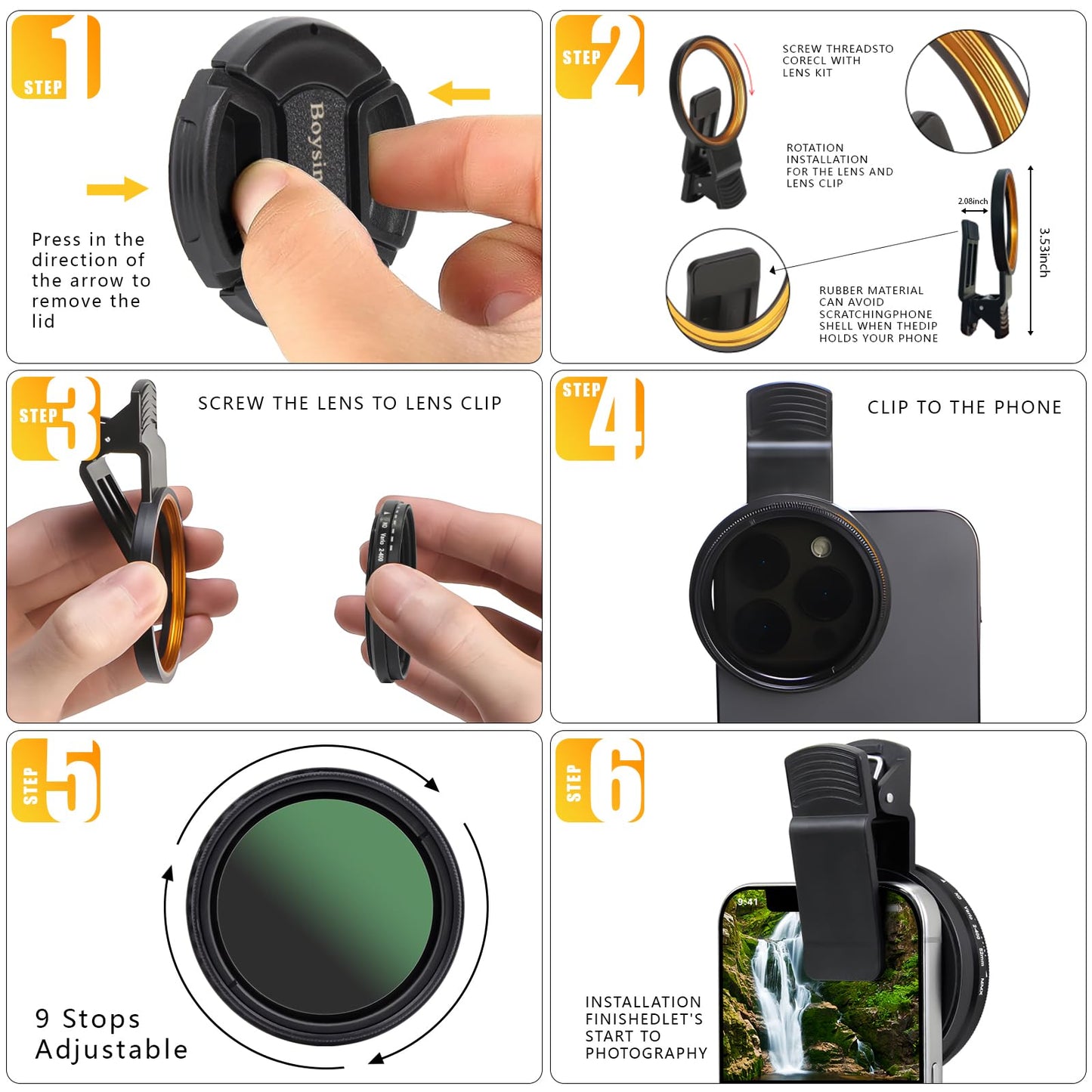 52MM Variable ND2-ND400 Filter, Ultra Slim Multi-Coated Adjustable Neutral Density Filter, Clip-on Phone Lens ND Filter Kit, Compatible for iPhone 15 14 13 12 11, Google Pixel and Other Smart Phones