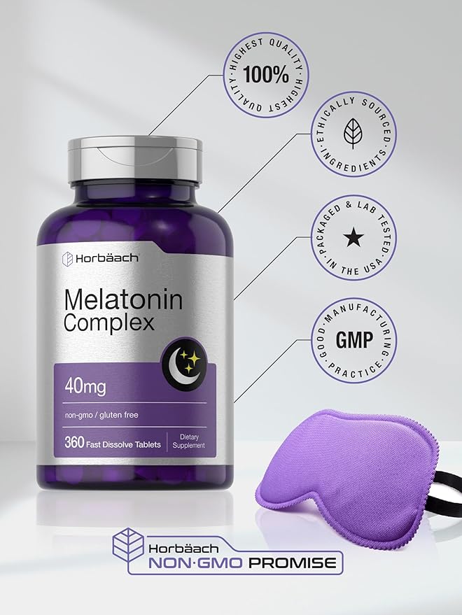 Horbäach Melatonin 40mg Complex | 360 Fast Dissolve Tablets | Adult Extra Strength Supplement | with Chamomile and Ashwagandha | Vegetarian, Non-GMO, Gluten Free
