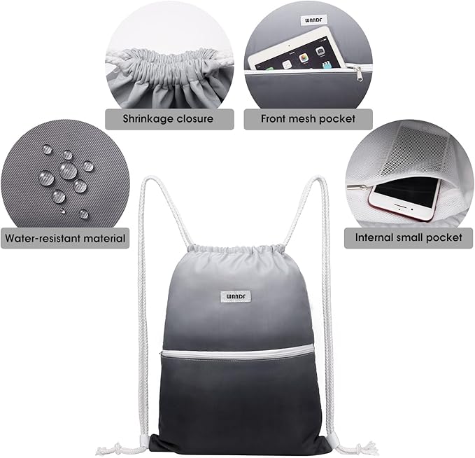 WANDF Drawstring Backpack String Bag Sackpack Cinch Water Resistant Nylon for Gym Shopping Sport Yoga (Grey)