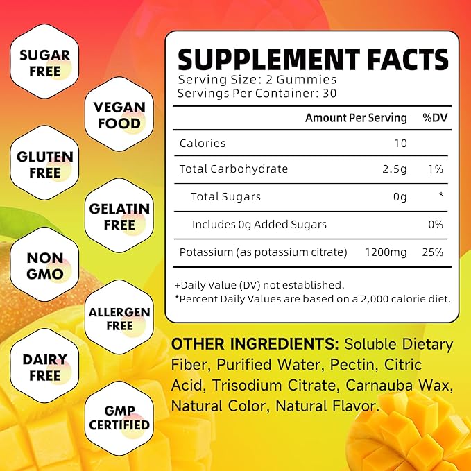 Potassium Citrate Gummies, High Potassium Supplement Gummies 1200mg Support Leg Cramps & Muscle Health, Potassium Gummies for Adults & Kids, Vegan, Mango Flavor 60 Count