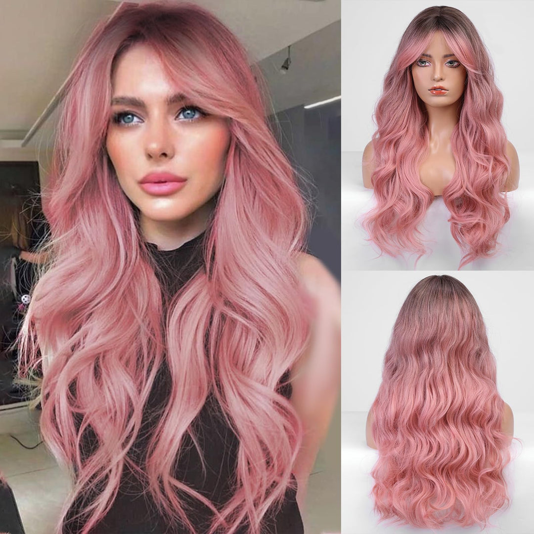 Haircube Long Pink Wavy Wig For Women Ombre Pink Wig Dark Root 26 Inch With Bangs Curly Wavy Wig Natural Looking Synthetic Heat